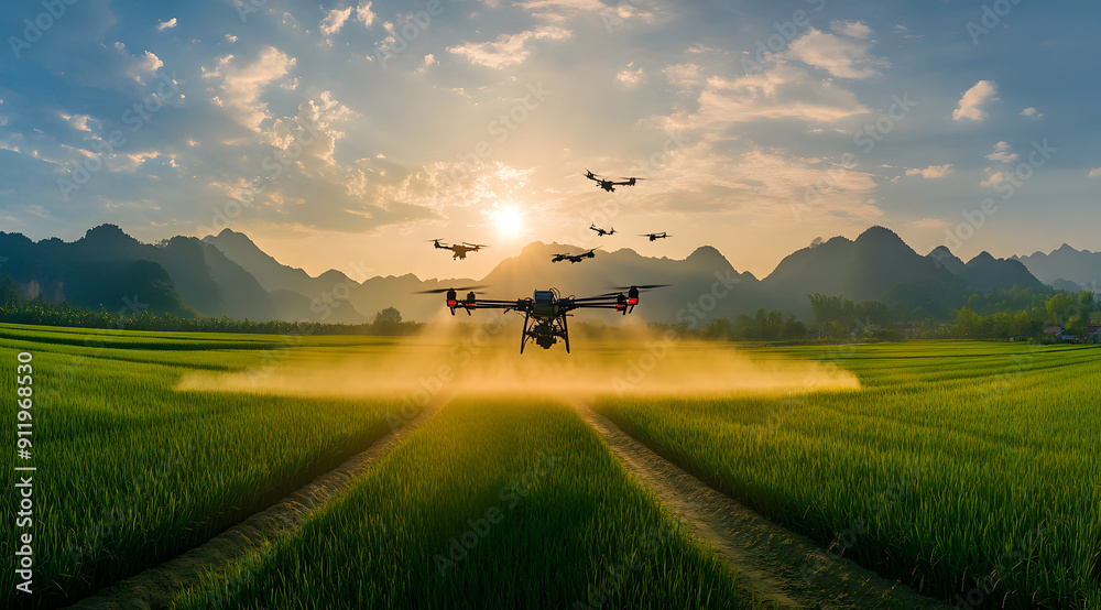 Drone Spraying Chemicals on a Rice Field in a Wide-Angle View Drone Spraying Chemicals on a Rice Field in a Wide-Angle View
