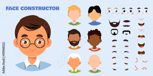 Man face constructor set. Happy kid in glasses. Pack of eyes, beards and moustaches for creating animation. Social media avatar. Flat vector collection