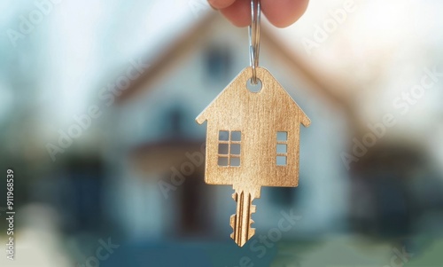 A real estate agent gives house keys to a new homeowner in front of a charming suburban home