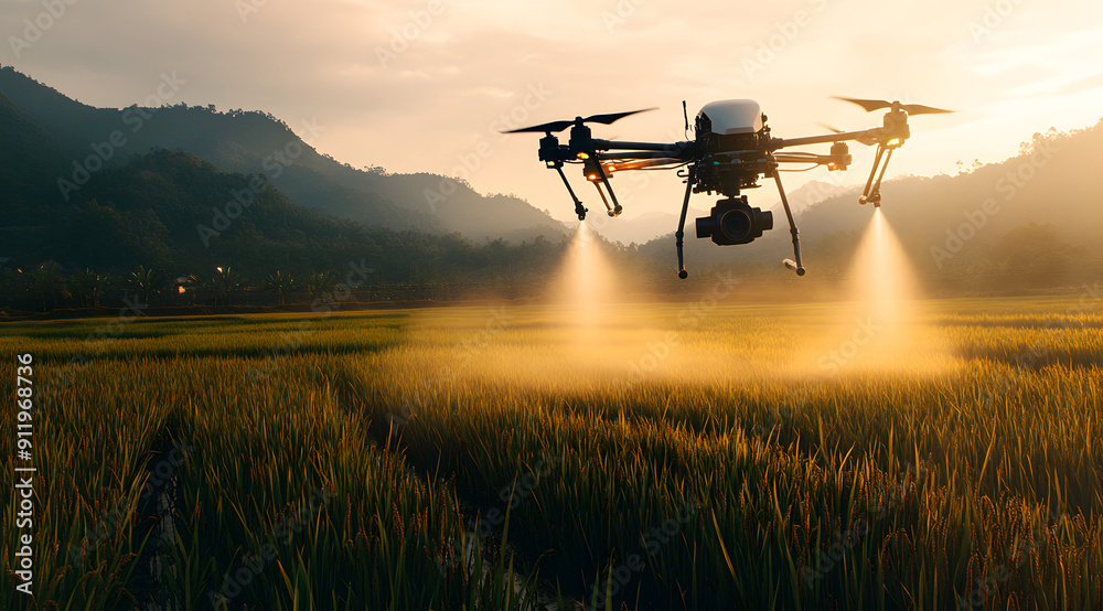 Drone Spraying Chemicals on a Rice Field in a Wide-Angle View Drone Spraying Chemicals on a Rice Field in a Wide-Angle View