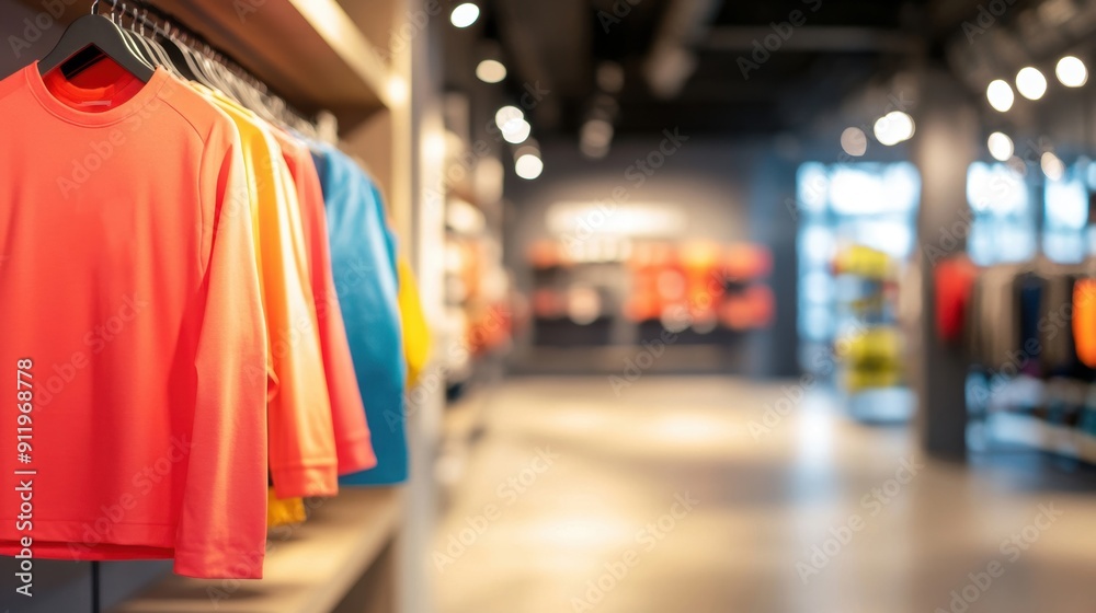Vibrant sporty apparel is showcased on racks in a sleek modern store setting