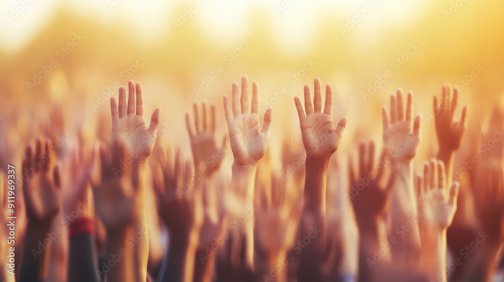 A large crowd celebrates with raised hands against a warm sunset background A large crowd celebrates with raised hands against a warm sunset background