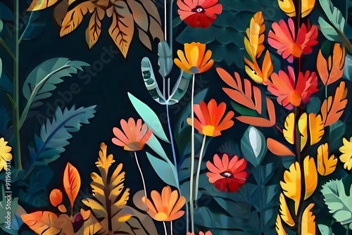 Landscapes painted with bright colors of flowers and foliage celebrating the vibrant beauty of nature Illustration, Image, , Minimalism, Generative AI