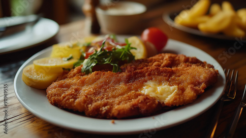 Crispy Traditional Schnitzel Cutlet with Side of Potatoes and Salad