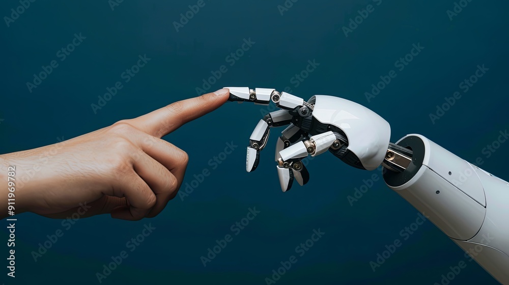 Robot hand making contact with human finger on dark blue background Robot hand making contact with human finger on dark blue background