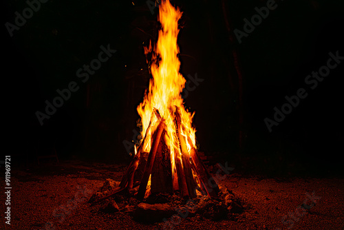 Large Bonfire in the Jungle at Night