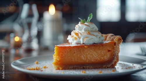 This is a close-up picture of a pumpkin pie with whipped cream and cinnamon. The pie appears to be freshly baked, with the crust golden brown and the filling thick and creamy.