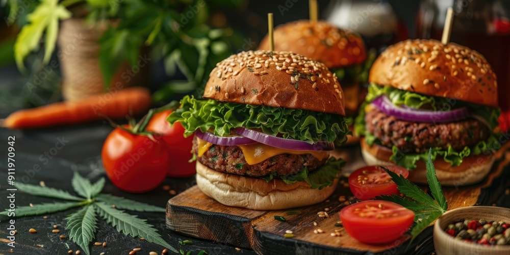 Fototapeta premium Vegan Burger with Medicinal Cannabis and Buckwheat Patty Potatoes Tomatoes Cheese Onions Carrots Lettuce and Sesame Seeds with Fresh Cannabis Bush Nearby