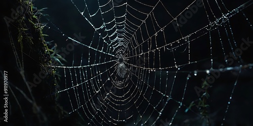 Dark, eerie image featuring a spider web stretched across the top portion of the frame 