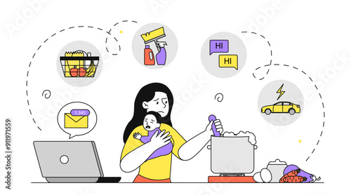 Multitasking mother with child. Sad young girl with crying boy in her arms takes calls. Freelancer and remote employee with child. Emotional burnout and stress. Linear vector illustration