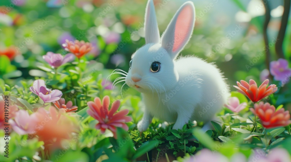 Adorable white bunny rabbit standing in a field of pink and orange flowers. Adorable white bunny rabbit standing in a field of pink and orange flowers.