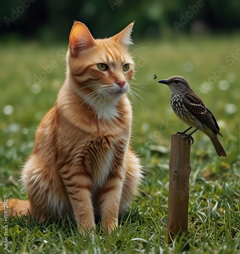 A ginger cat and a bird are sitting on the grass