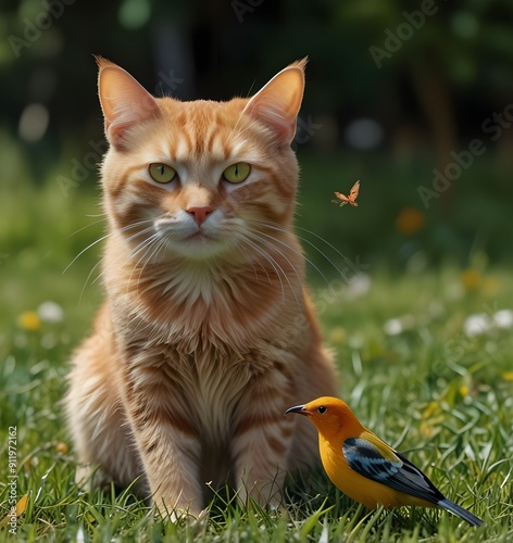 A ginger cat and a bird are sitting on the grass