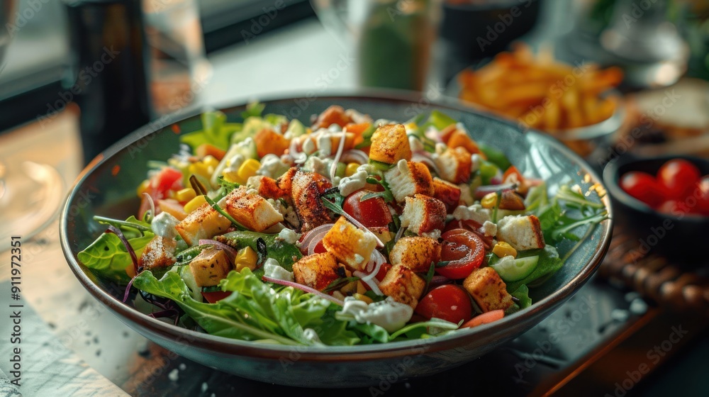 A colorful salad in a bowl with various ingredients. A colorful salad in a bowl with various ingredients.