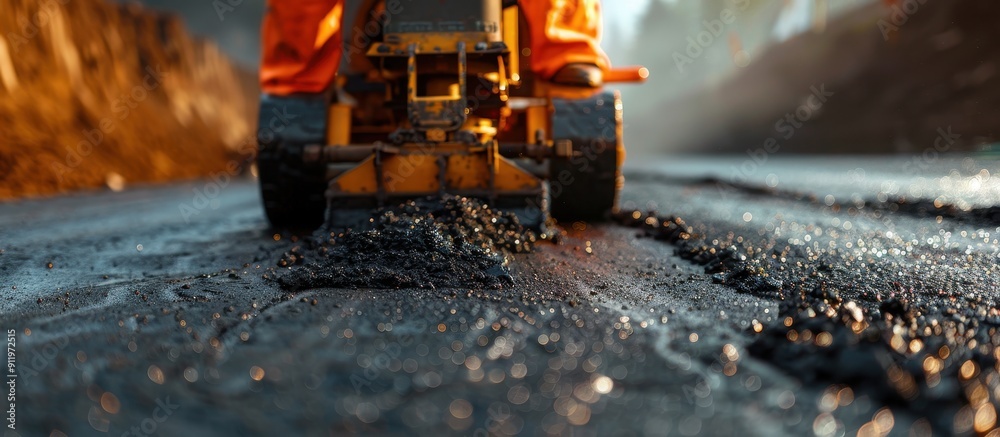 Road Construction Worker Operating Heavy Machinery on Freshly Paved Asphalt Road During Early Morning Road Construction Worker Operating Heavy Machinery on Freshly Paved Asphalt Road During Early Morning