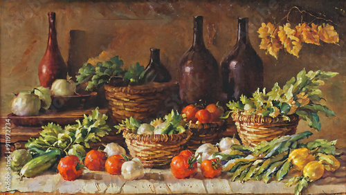 Still Life with Bottles, Vegetables and Fruit. photo