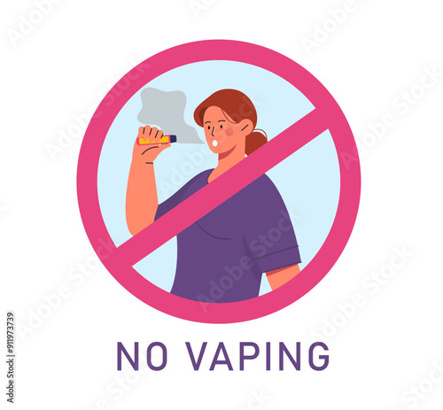 No vaping zone. Crossed out woman with vape. Forbidden and prohibited vaping and smoking area. Infographic and warning sign. Flat vector illustration