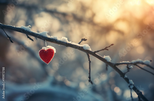 A small heart on branches in winter scene on a tree branch, love heart concept, valentine`s day card photo