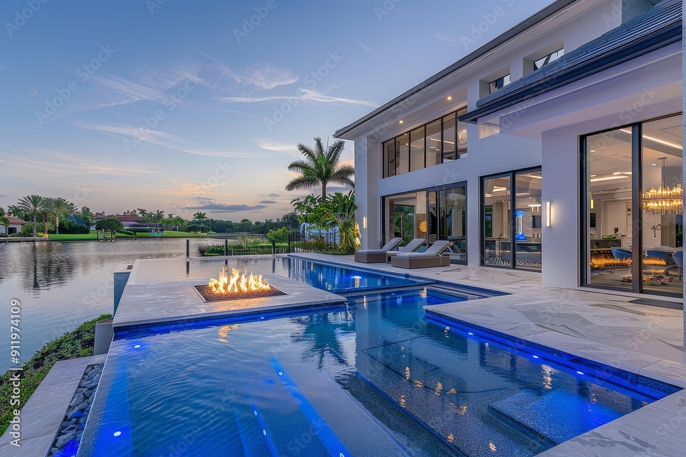 Obraz premium Luxurious outdoor pool with LED lights, raised conversation pit, water feature, and marble patio on lakefront property in Miami at sunset