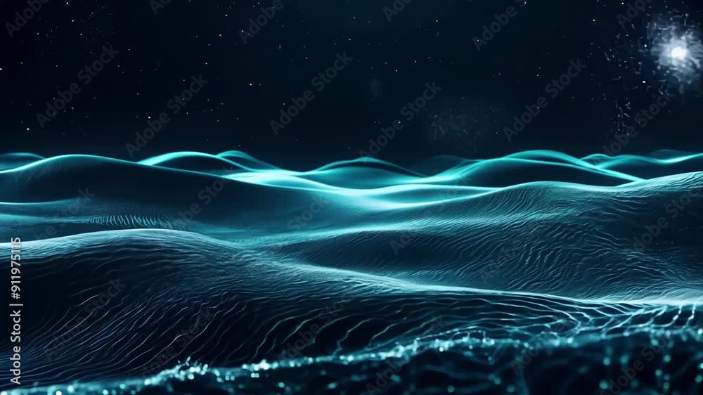 Glowing waves undulate under a starry sky, creating an enchanting display of light and texture across the water's surface. Glowing waves undulate under a starry sky, creating an enchanting display of light and texture across the water's surface.