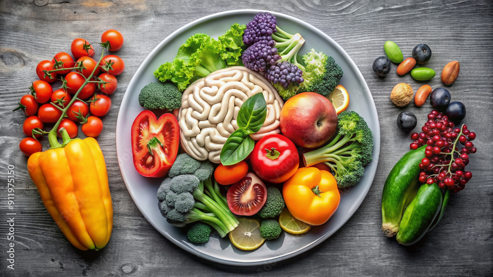 A creative composition featuring a human brain situated on a plate, surrounded by fruits and vegetables, symbolizing the importance of healthy eating for mental wellbeing.