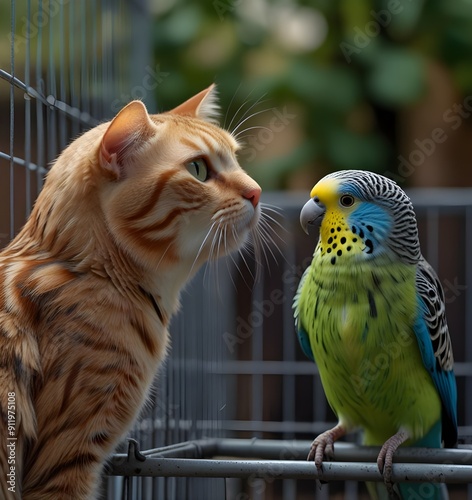 A domestic cat hunts a budgie in a cage. The relationship of pets, a cat and a parrot, danger, stress and friendship.