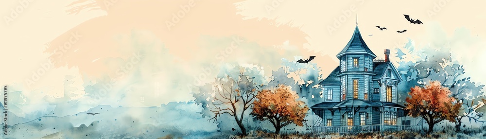 Watercolor haunted house with spooky trees and bats flying around, perfect pastel tone, whimsical style, high resolution, professional create, very detailed, high quality Watercolor haunted house with spooky trees and bats flying around, perfect pastel tone, whimsical style, high resolution, professional create, very detailed, high quality
