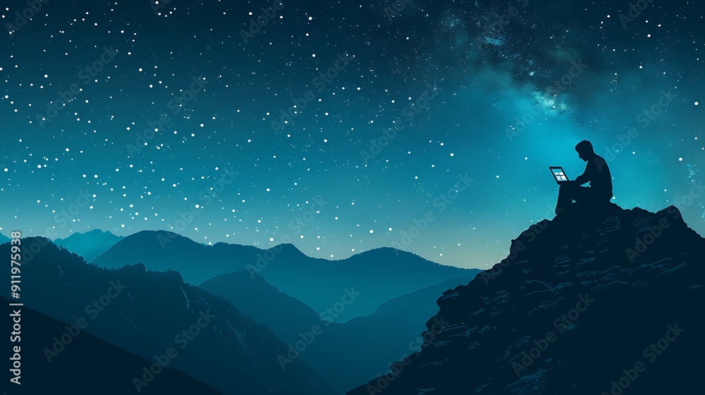 Silhouette of a Person Using a Laptop Under a Starry Sky Silhouette of a Person Using a Laptop Under a Starry Sky