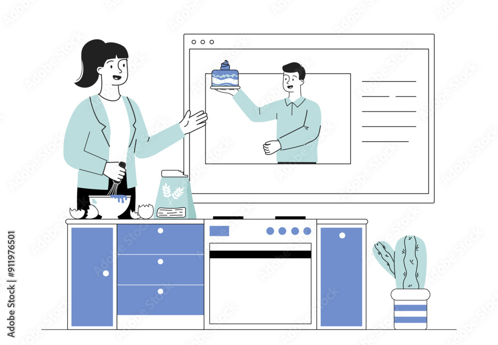 Woman with online recipe. Young girl prepares cake according to recipe from Internet. Guide and master class. Culinary remote lesson. Homemade bakery products. Linear vector illustration Woman with online recipe. Young girl prepares cake according to recipe from Internet. Guide and master class. Culinary remote lesson. Homemade bakery products. Linear vector illustration