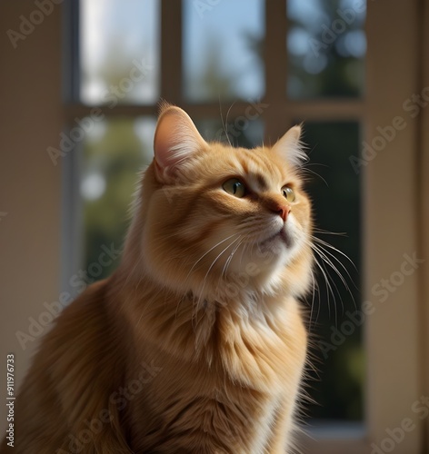 Cute chubby yellow British longhair cat looking intently at the birds outside the window as they fly in the sunlight