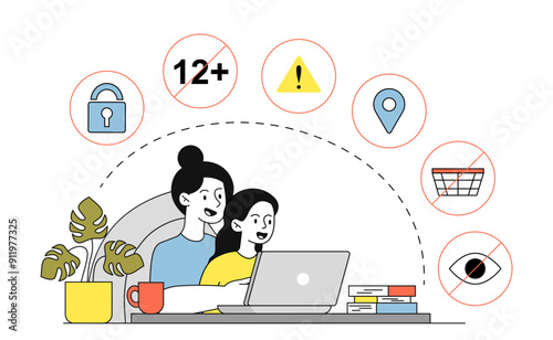 Parental control Internet. Woman with daughter sits at laptop and looks at information and content on Internet. Censorship to protect children. Linear vector illustration