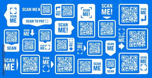 Scan me QR code sticker with text. Online payment. Special offer sale stickers, shopping discount label, promotional badge. Product serial number. Supermarket retail price tag. Vector illustration