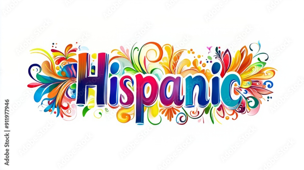 A colorful text Hispanic design on white background. National hispanic heritage month festival, Latin america culture, tradition and art. A colorful text Hispanic design on white background. National hispanic heritage month festival, Latin america culture, tradition and art.