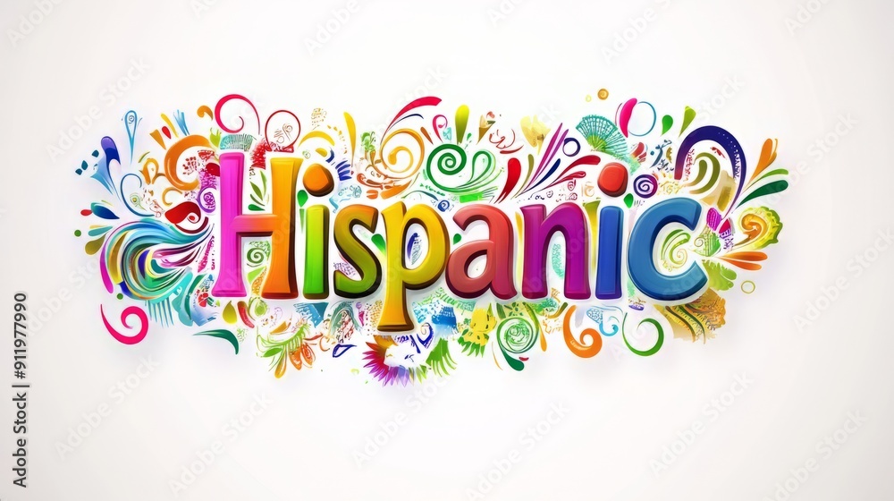 A colorful text Hispanic design on white background. National hispanic heritage month festival, Latin america culture, tradition and art.