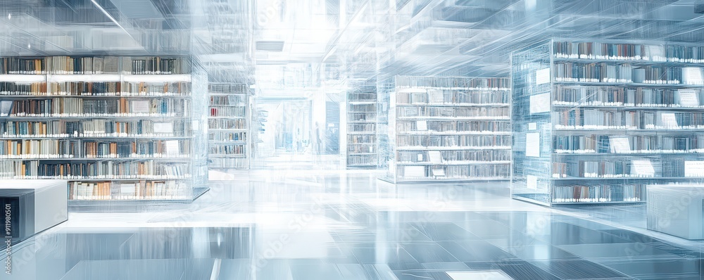 Fototapeta premium A modern library interior with sleek shelves and bright lighting, creating a serene and inspiring environment for reading.
