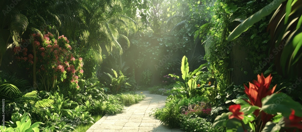 Fototapeta premium Sunlit Pathway Through Lush Tropical Garden