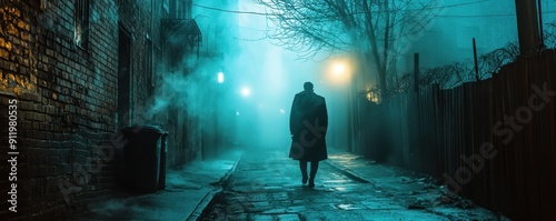 A mysterious figure walks alone in a foggy alley, illuminated by the dim glow of streetlights, evoking a sense of intrigue and solitude. photo