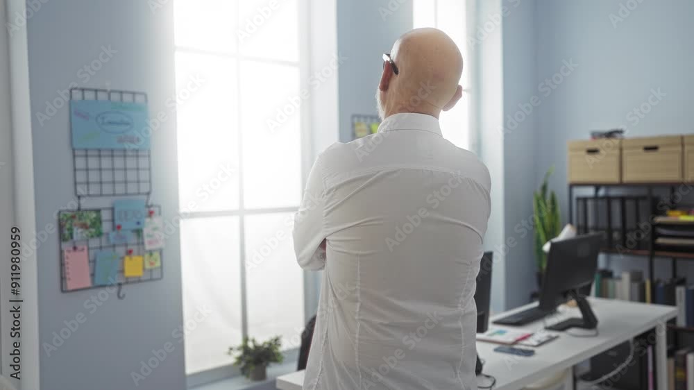 Bald man in an office standing with arms crossed in a bright modern interior with desks computers and a bulletin board in the background Bald man in an office standing with arms crossed in a bright modern interior with desks computers and a bulletin board in the background