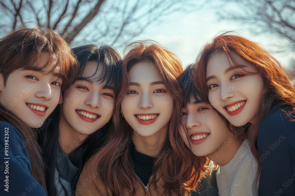 K-pop group posing for a photo with bright smiles and playful expressions K-pop group posing for a photo with bright smiles and playful expressions