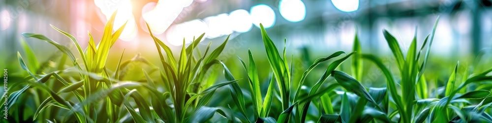 Obraz premium Genetic Engineering GMO Fresh green barley cultivation in a research facility Genetically altered produce Enhanced DNA in crops