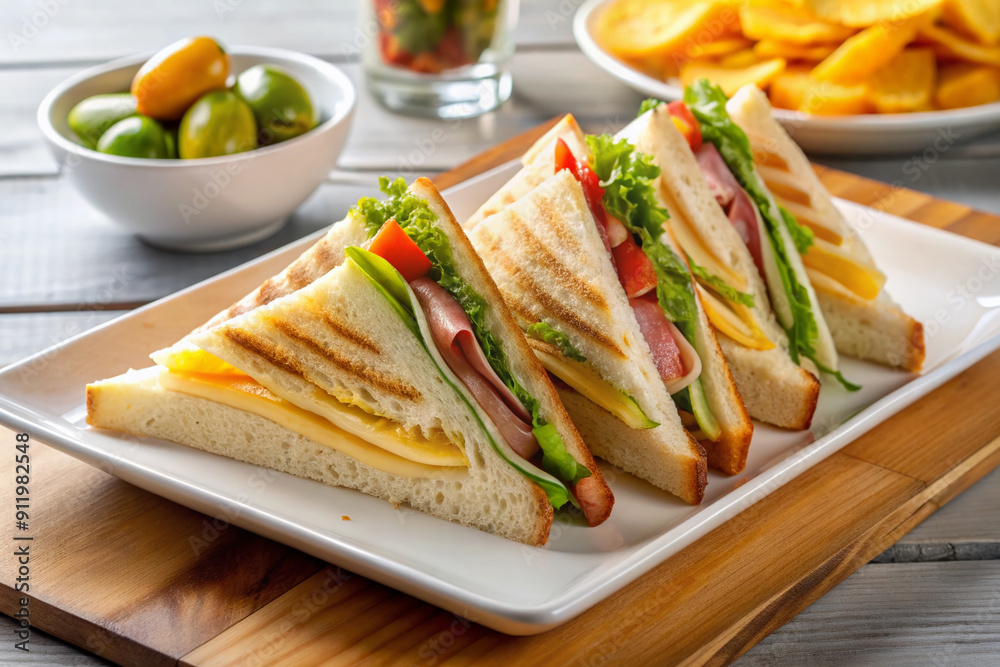 A freshly prepared club sandwich, sliced into neat triangles, rests on a crisp white tray, accompanied by a side of crunchy potato chips and a pickle slice. A freshly prepared club sandwich, sliced into neat triangles, rests on a crisp white tray, accompanied by a side of crunchy potato chips and a pickle slice.