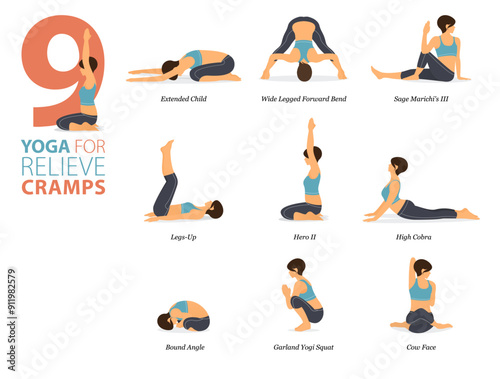 9 Yoga poses or asana posture for workout in relieve cramps concept. Women exercising for body stretching. Fitness infographic. Flat cartoon vector.