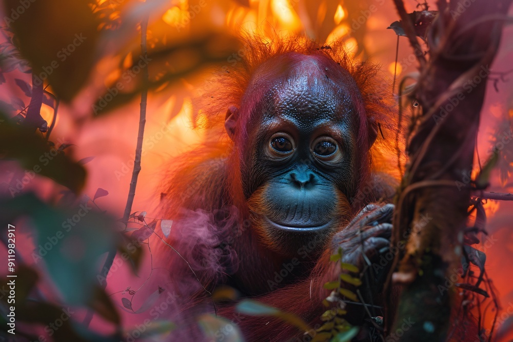 Baby orangutan among autumn leaves Baby orangutan among autumn leaves