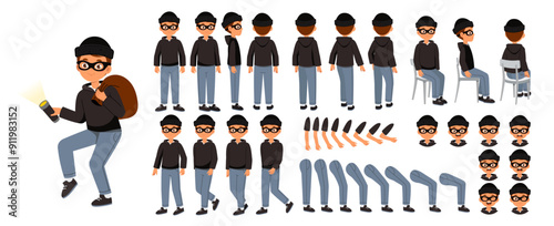 Robber man constructor. Happy guy in black mask with money. Pack of legs, hands and faces for creating animation. Crime and stealing. Flat vector collection
