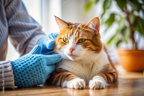 A gentle and intimate moment of pet care, a cat relaxes beside a brushing glove, softly removing loose fur, promoting a clean and healthy coat at home. photo