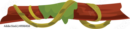 Vector illustration of a jungle liana branch hanging with green leaves and a winding vine