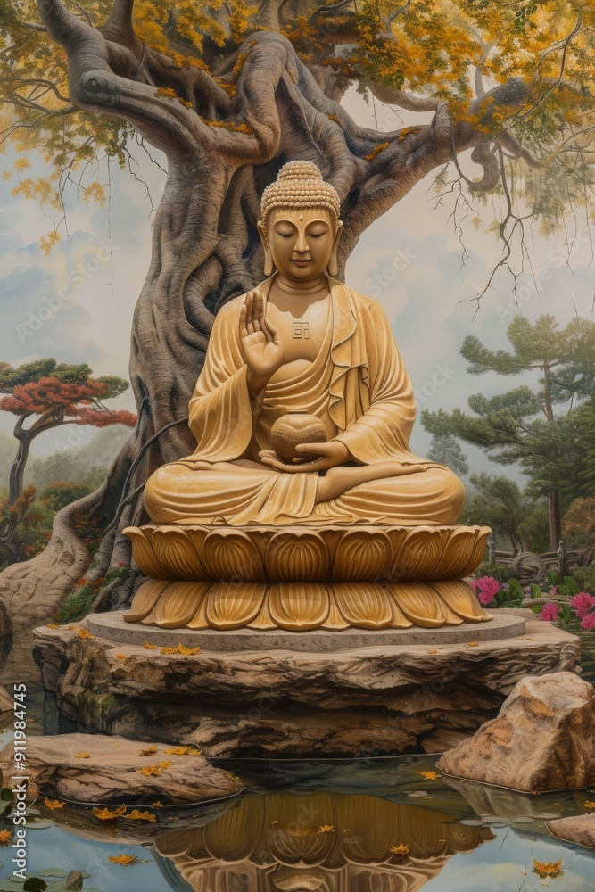 Golden Buddha Statue in a Serene Garden Setting Golden Buddha Statue in a Serene Garden Setting