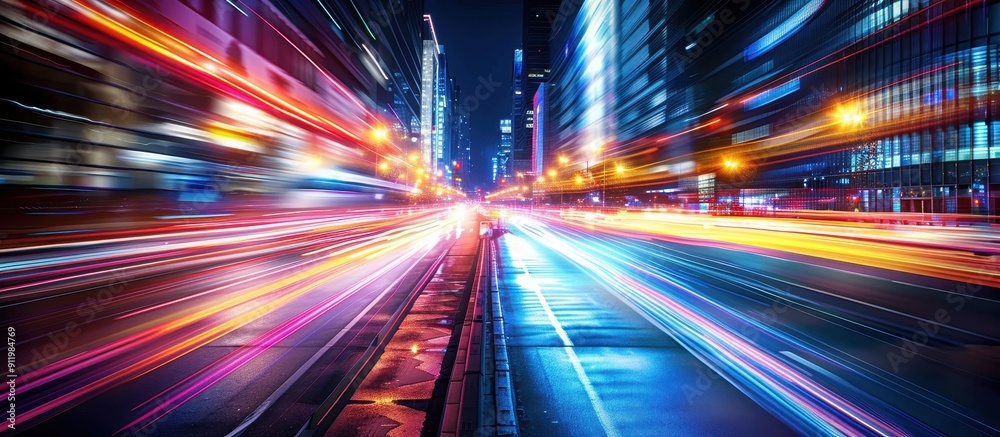 Dynamic Night Cityscape with Vibrant Light Trails and Modern Urban Architecture Dynamic Night Cityscape with Vibrant Light Trails and Modern Urban Architecture