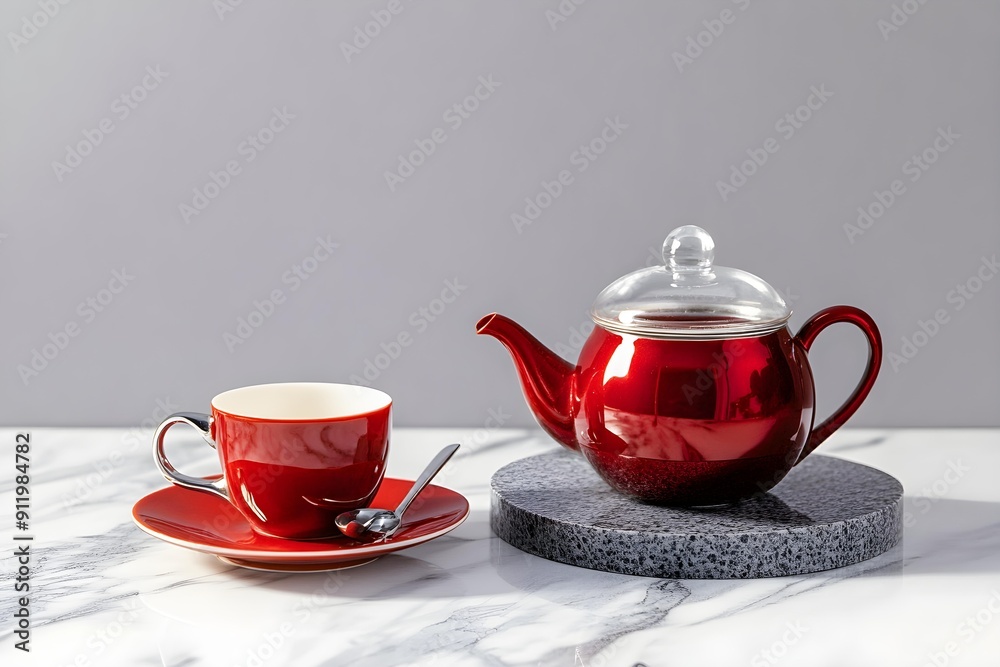 Fototapeta premium red tea cups and teapot on marble and gray background