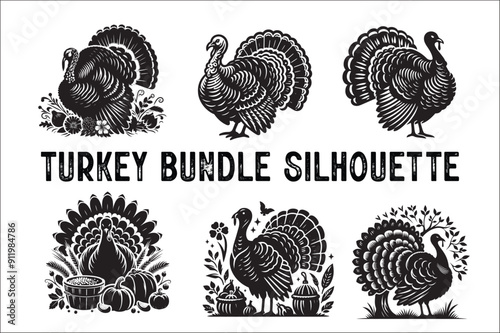 Turkey bird Silhouette Bundle. Wild turkey silhouette Bundle with white background.